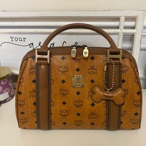 MCM Alma Style Brown Logo Handbag with dog bone charm